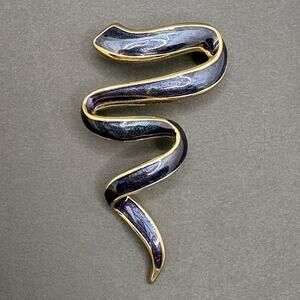 Vintage Erwin Pearl Zig Zag Gold Tone Blue Enamel Brooch‎ 2.5" Classic Retro Mod
